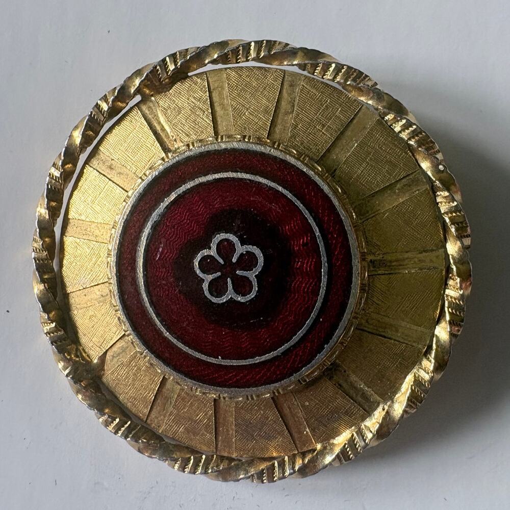 Beautiful Vintage Kramer Gold-Tone Brooch with Red Etched Floral Center